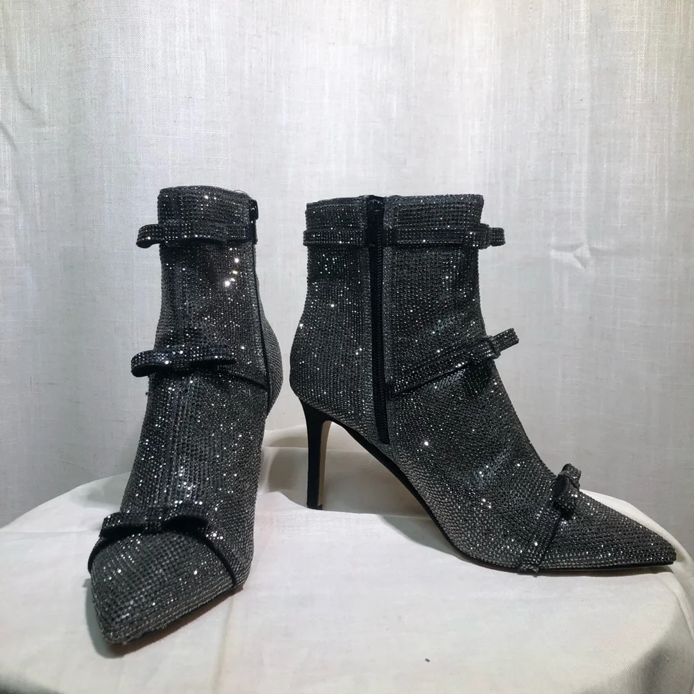 INC International Concepts Rhinestone Stiletto Ankle Boots w/ 3 tier Bow details